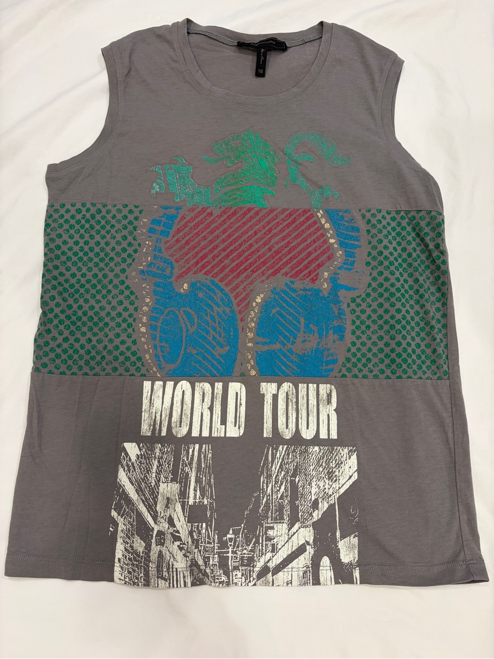 BCBGMaxAzria Grey Graphic 'World Tour' muscle T Top women’s XXS/XS